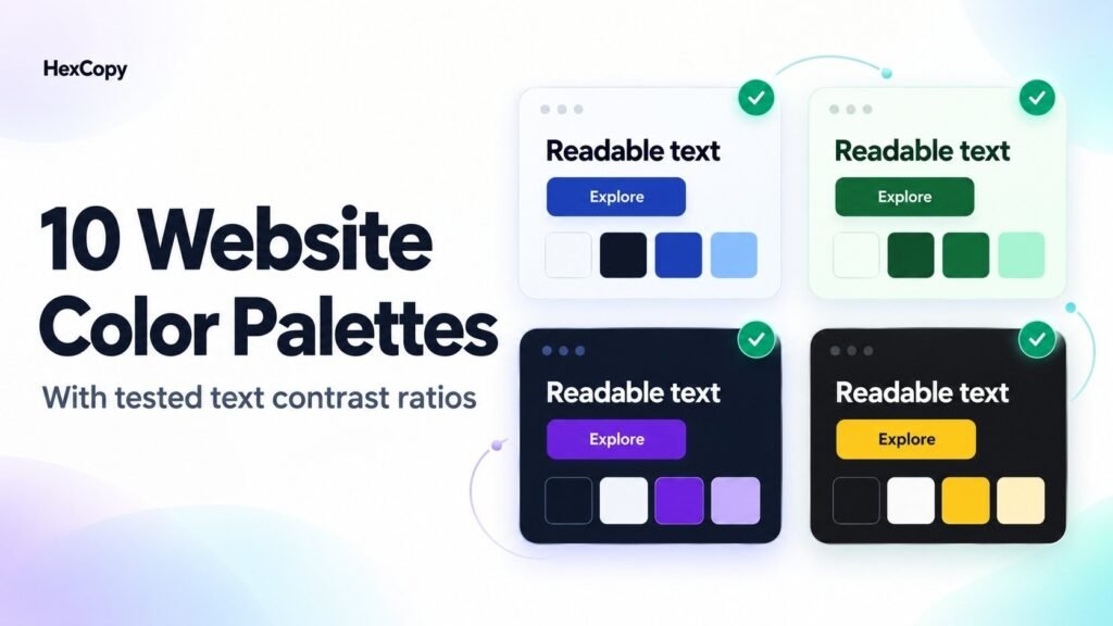 Light and dark website palette examples showing readable text, contrasting buttons and matching color swatches.