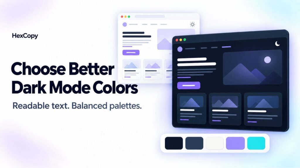 Light and dark website previews with navy, slate, violet and cyan color swatches.