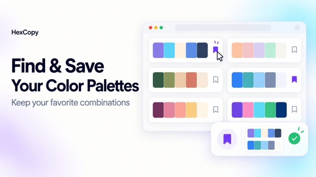 HexCopy color palette collection with bookmark icons showing saved color combinations.