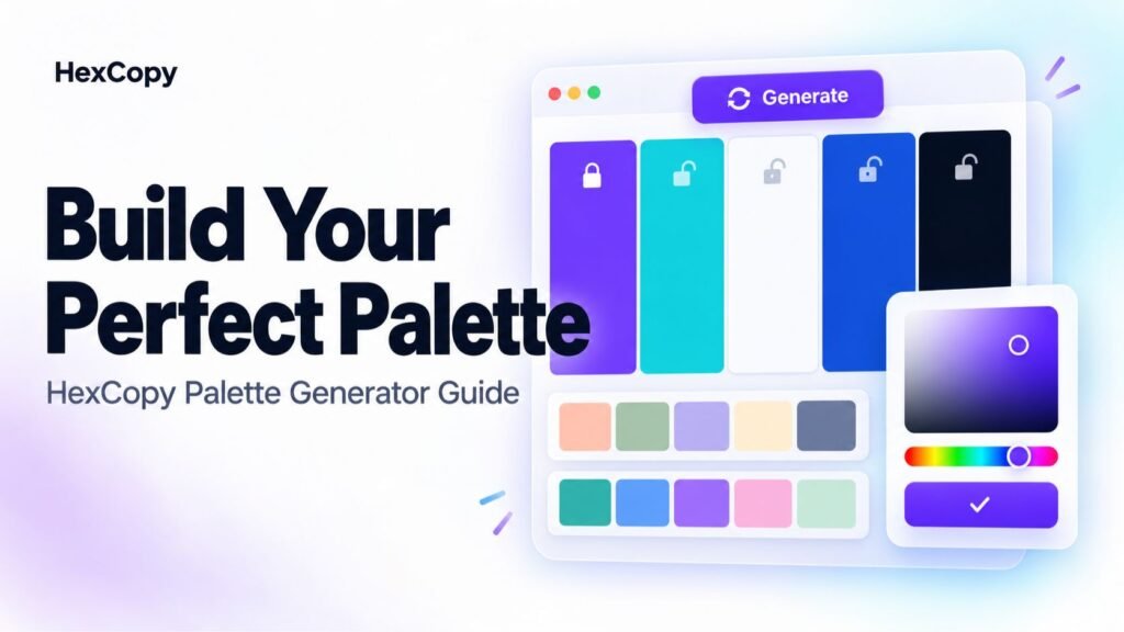 HexCopy palette generator illustration showing color swatches, lock controls, alternative palettes and a custom color picker.