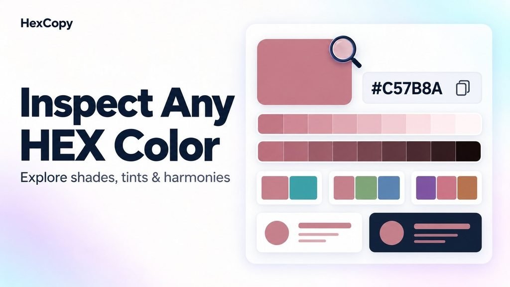 HEX color inspector illustration showing rose color C57B8A with tints, shades, related harmonies and background previews.