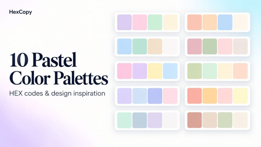 Ten pastel color palettes featuring soft pink, lavender, mint, blue, peach and neutral swatches.