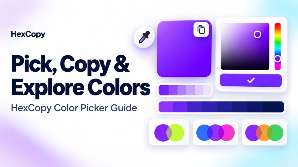 HexCopy color picker illustration showing a violet preview, tints, shades and color harmony combinations.
