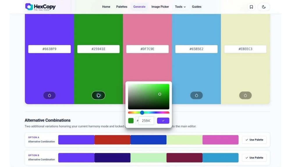 HexCopy custom color picker with a hue slider, HEX input and apply button.
