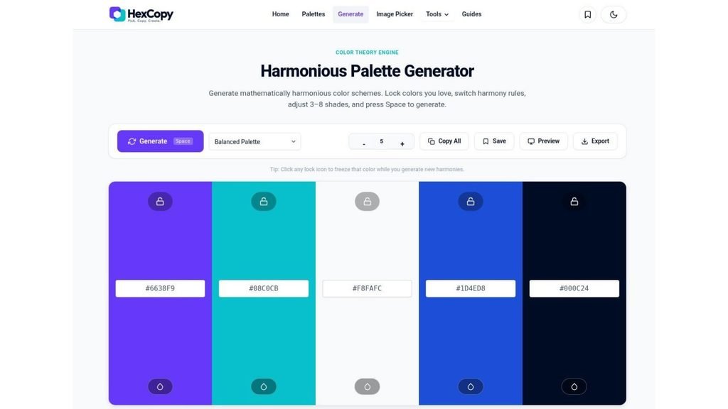 HexCopy Palette Generator showing the main palette and two alternative combinations.